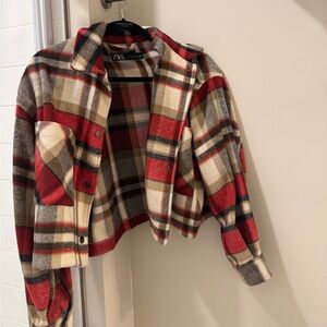 Zara Red, Black, Cream Plaid Utility Jacket